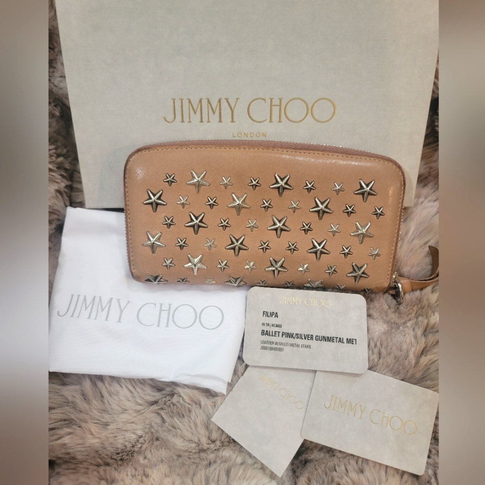 Jimmy Choo Filipa Star-studded Leather Wallet in Beige